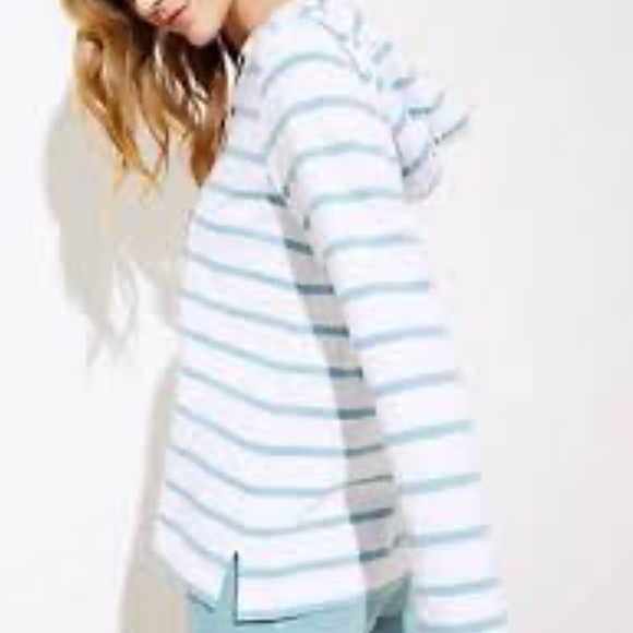 LOFT AQUA AND WHITE STRIPED PULL ON HOODIE - Picture 2 of 12